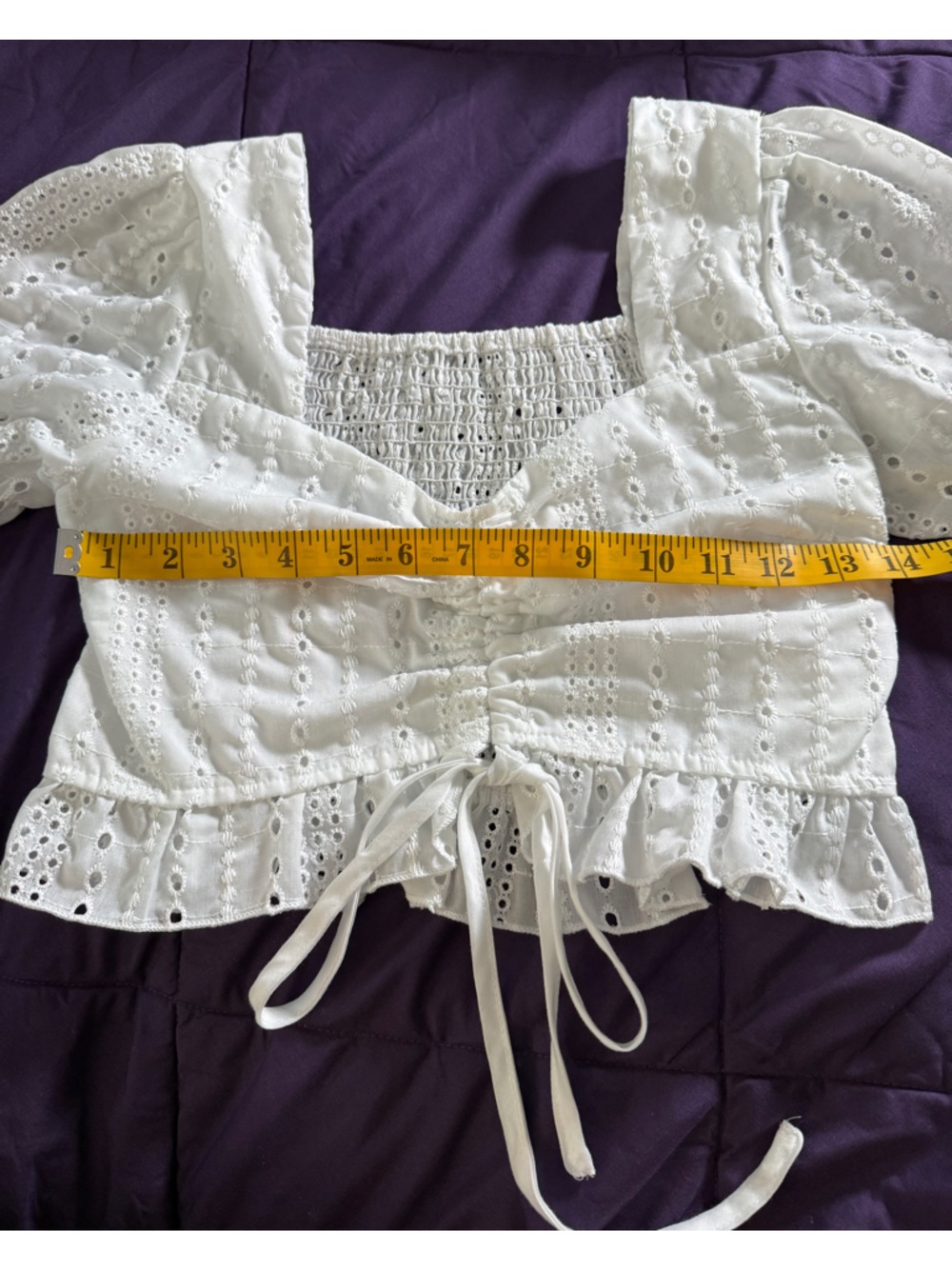 Smocked Eyelet Puff Sleeve Crop Top - White - Picture 2 of 5